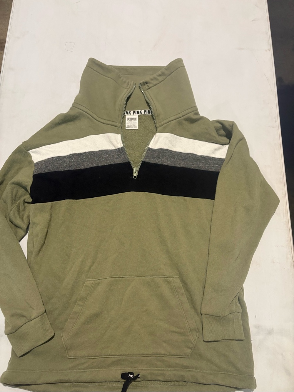PINK Victoria's Secret Olive Half-Zip Pullover with Black, Gray & White Stripes